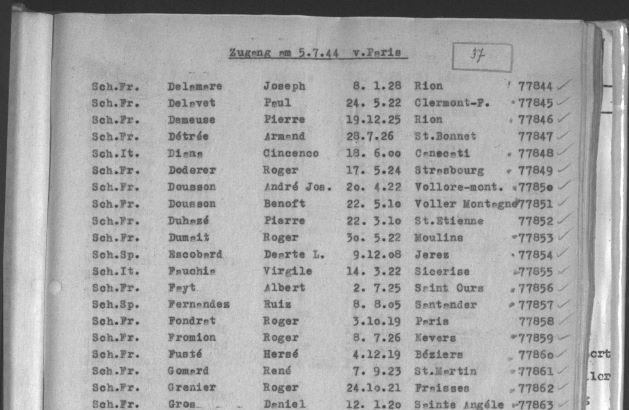 KZ-Zugangsliste aus Paris vom 5. Juli 1944 (Archiv der KZ-Gedenkstätte Dachau)